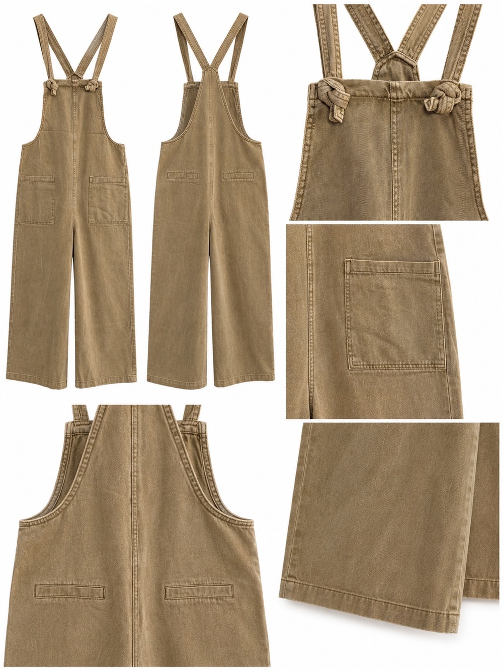 NWT Zenana Khaki Denim Overall Jumpsuit Womens M Wide Leg Tie Strap Pockets - Picture 4 of 4